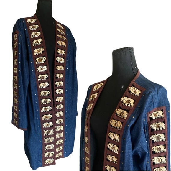 Vintage Denim Maxi Coat Wooden Elephant Bone Inserts Blue Jean Large Oversized - Picture 12 of 15
